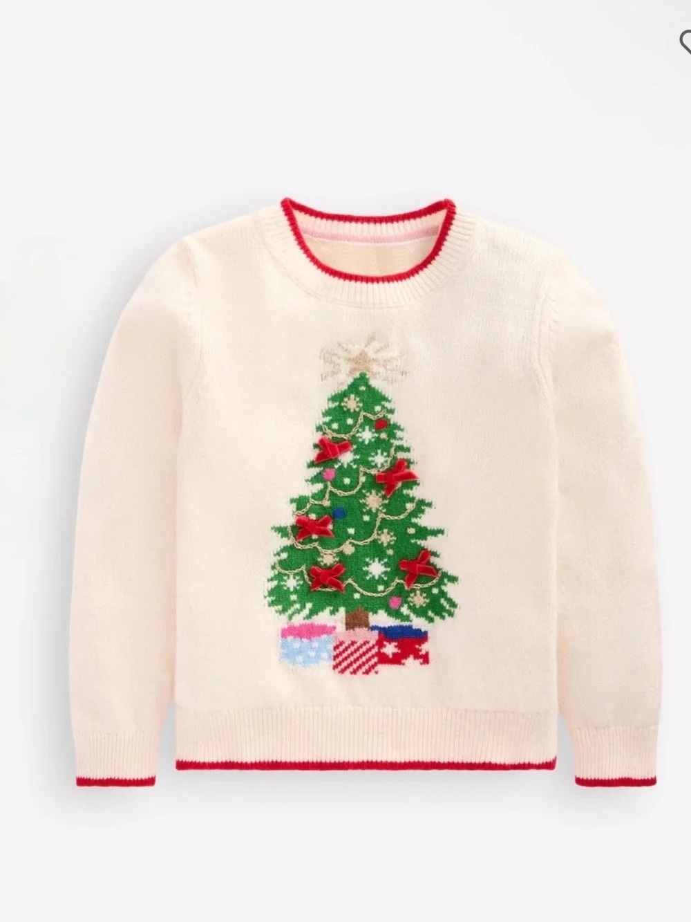 MINI BODEN Jumper Ecru Marl Tree Cream Christmas Tree Sweater Crewneck 4-5 Yr